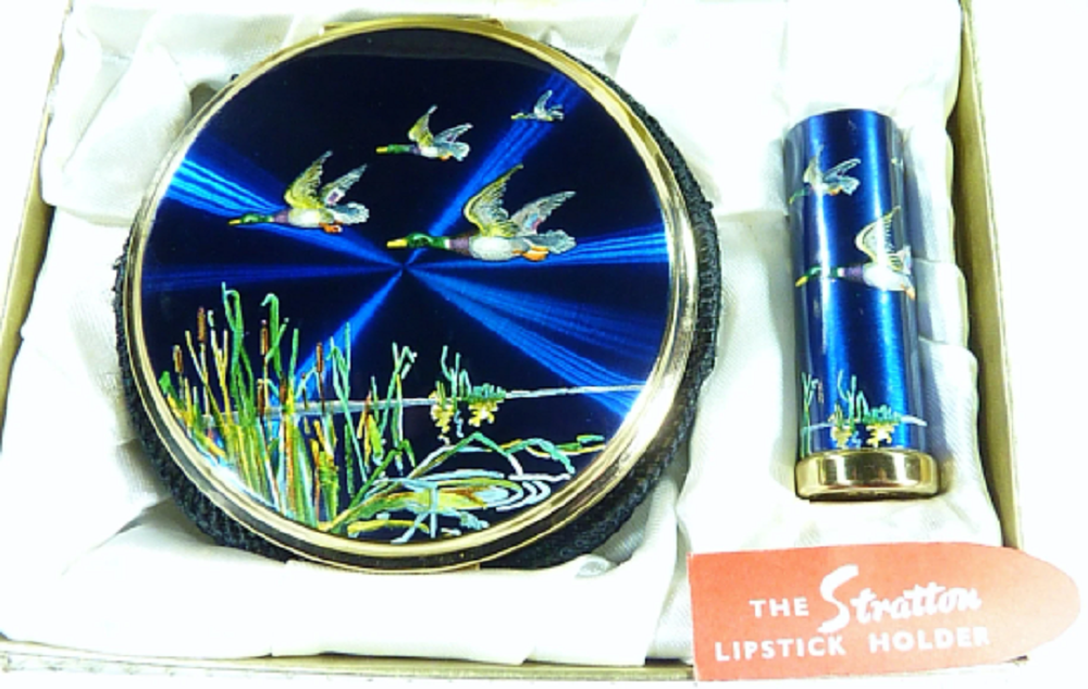 Stratton Blue Enamel Flying Ducks Compact Lipstick Set Unused