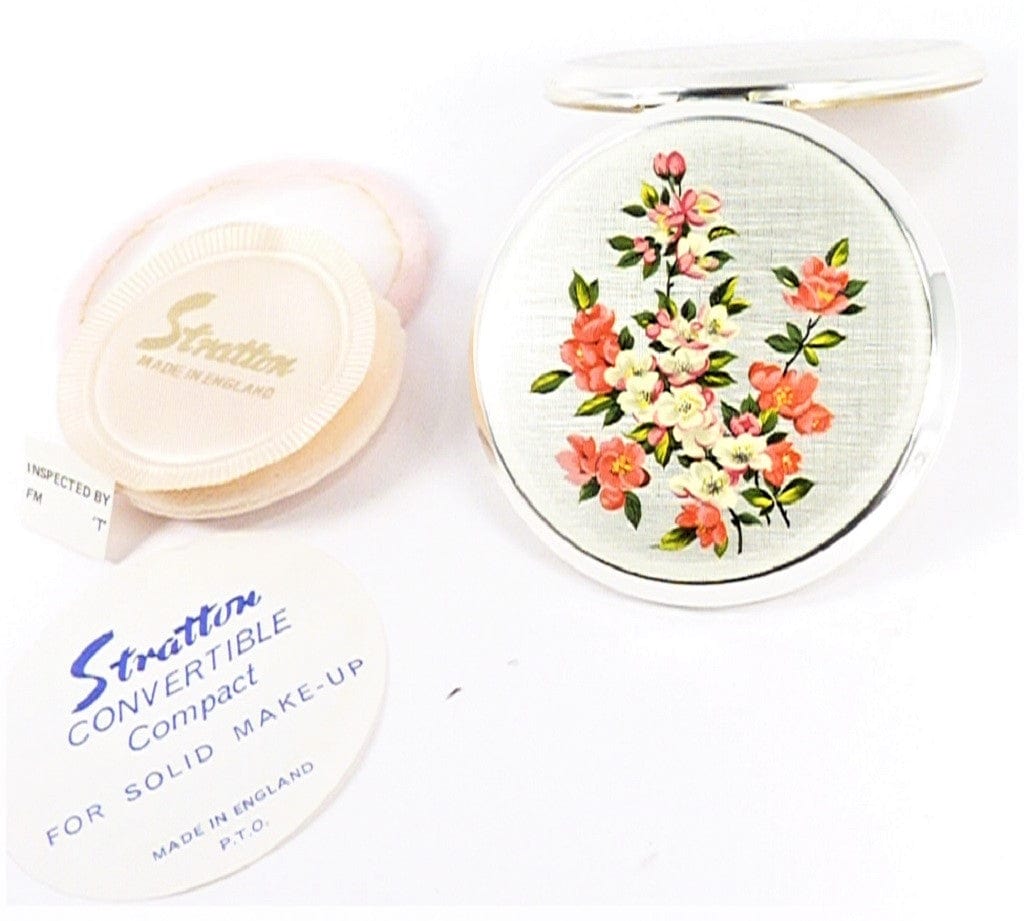 Silver Plated Makeup Compact Pink Flowers
