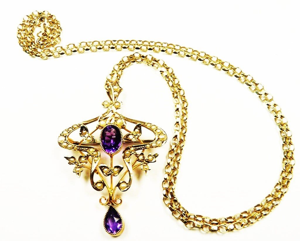 Antique Gold Amethyst Necklace And Pin