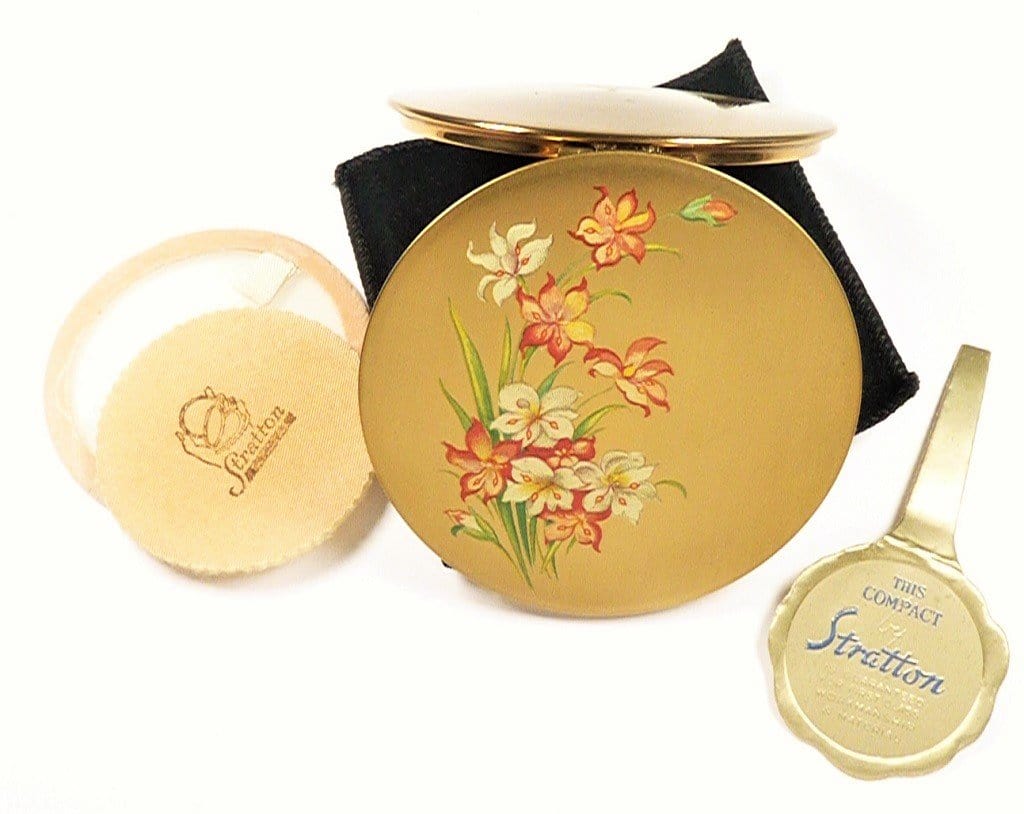 Enamel Pink Red White Flowers On Stratton Brand Vintage Compact