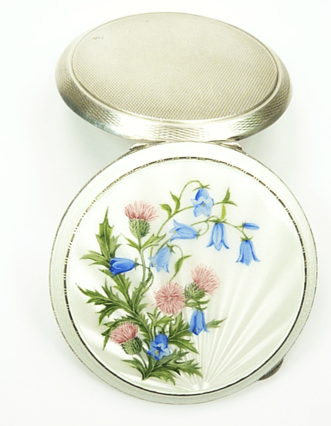 Hallmarked Silver Makeup Compact Thistles Harebell Lid