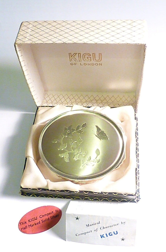 Rare sterling silver musical Kigu powder box / compact 1959 silver wedding anniversary gifts for her - The Vintage Compact Shop