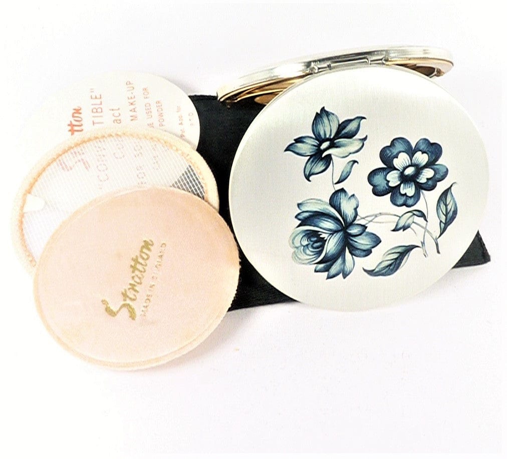 Silver Makeup Compact With Blue Flower Design
