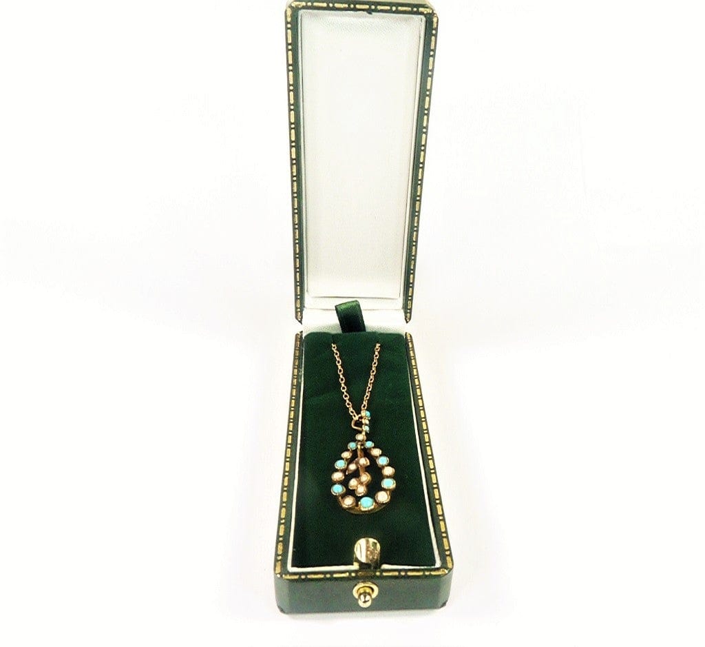 Turquoise Gold And Seed Pearl Antique Pendant Necklace Hallmarked