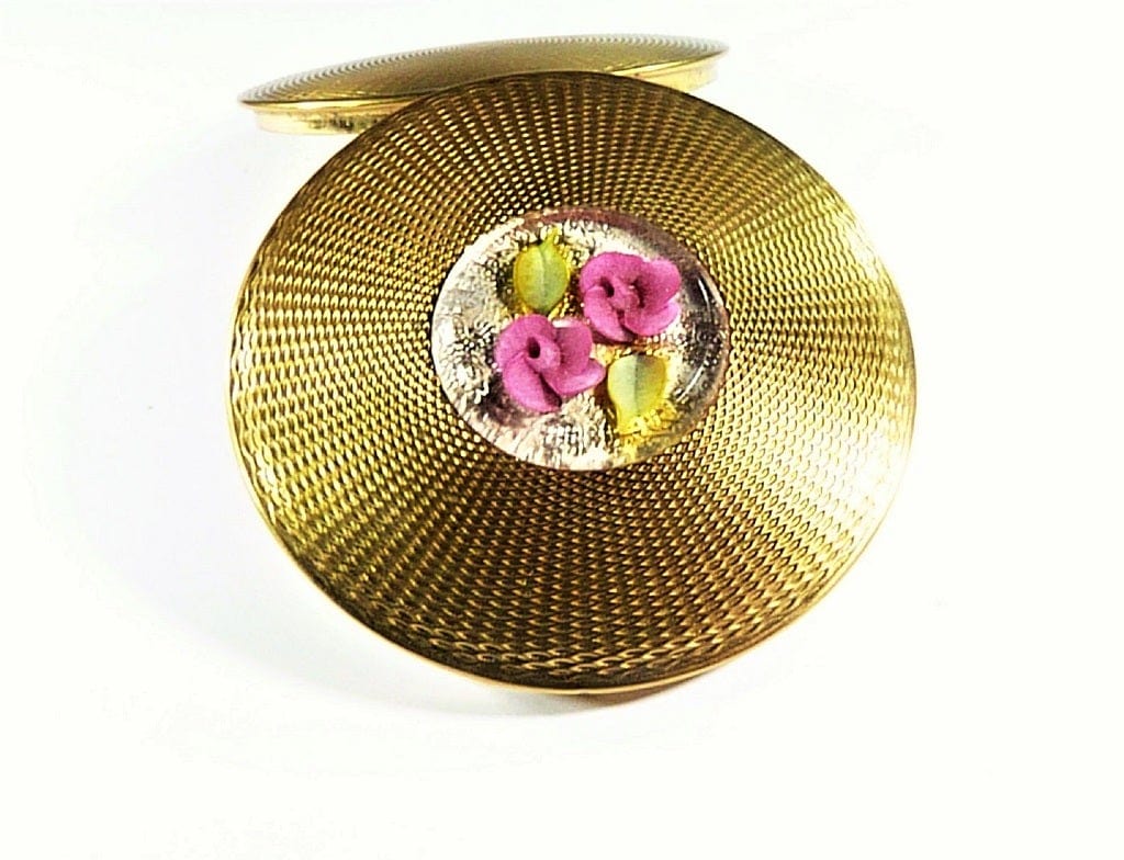Pink And Yellow Lucite Flower Makeup Compact