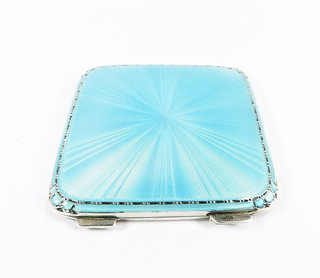 Sterling Silver And Guilloche Enamel Vintage Compact Mirror