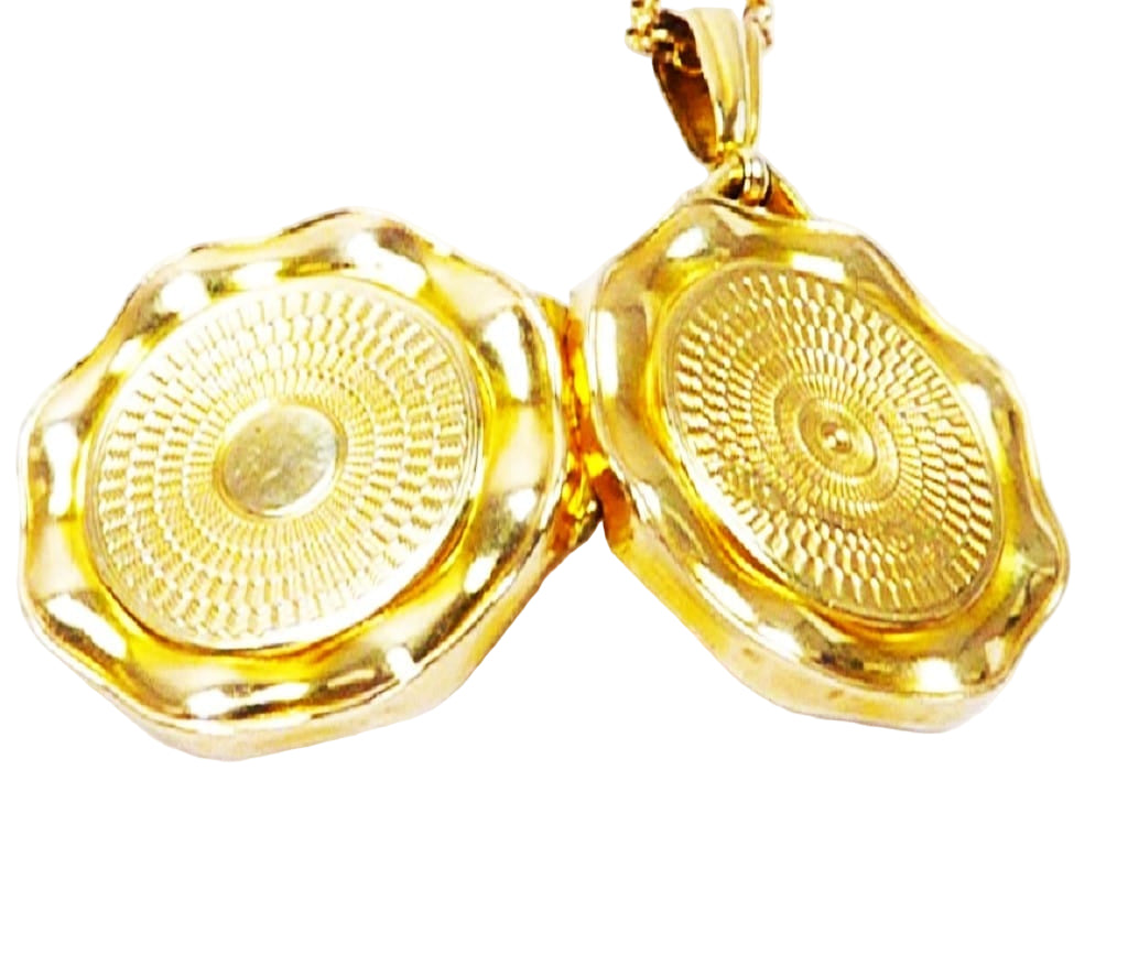 Solid Gold Guilloche Engraved Locket On 18 Inch Carat Necklace