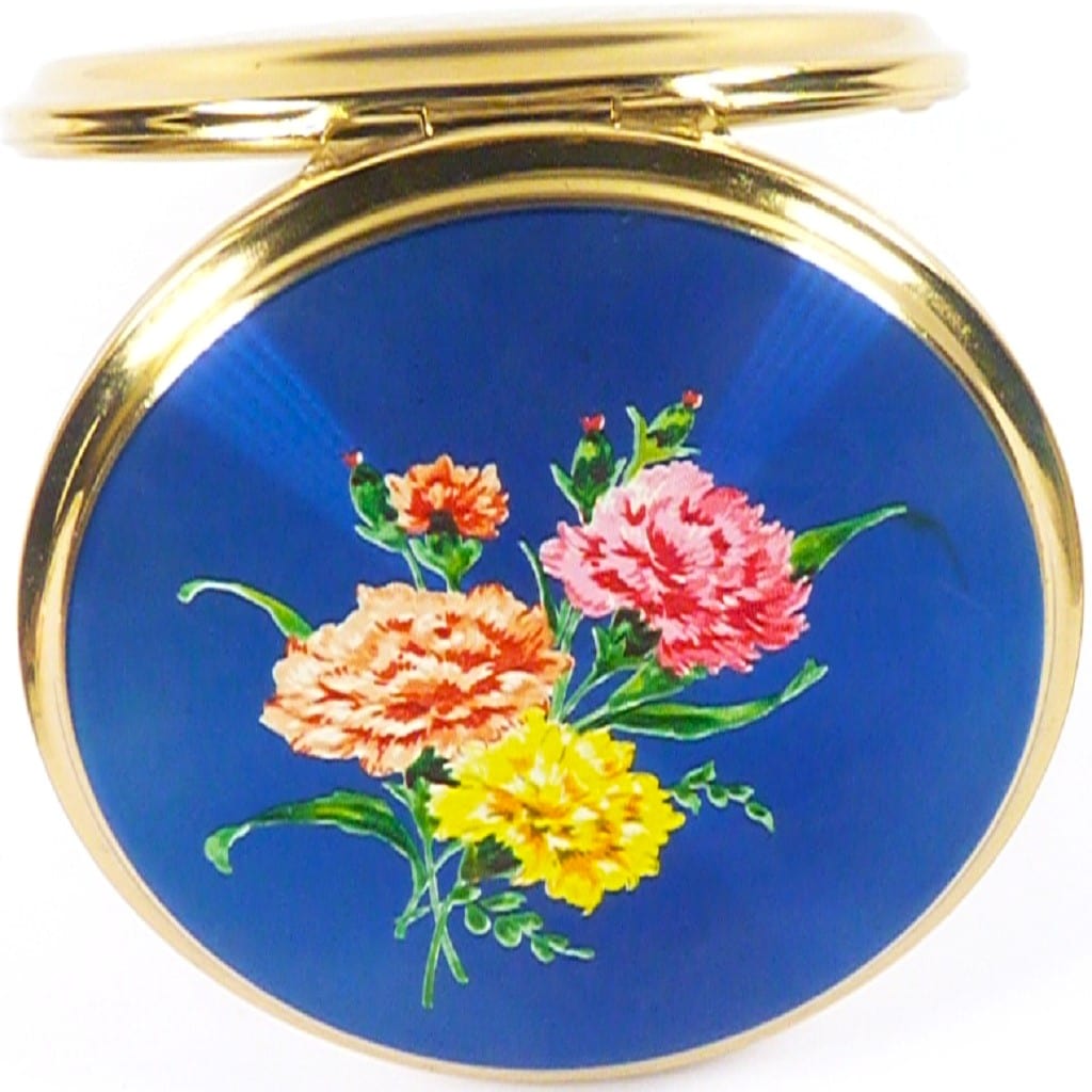 Blue Compact Mirror With Pink And Yellow Carnations