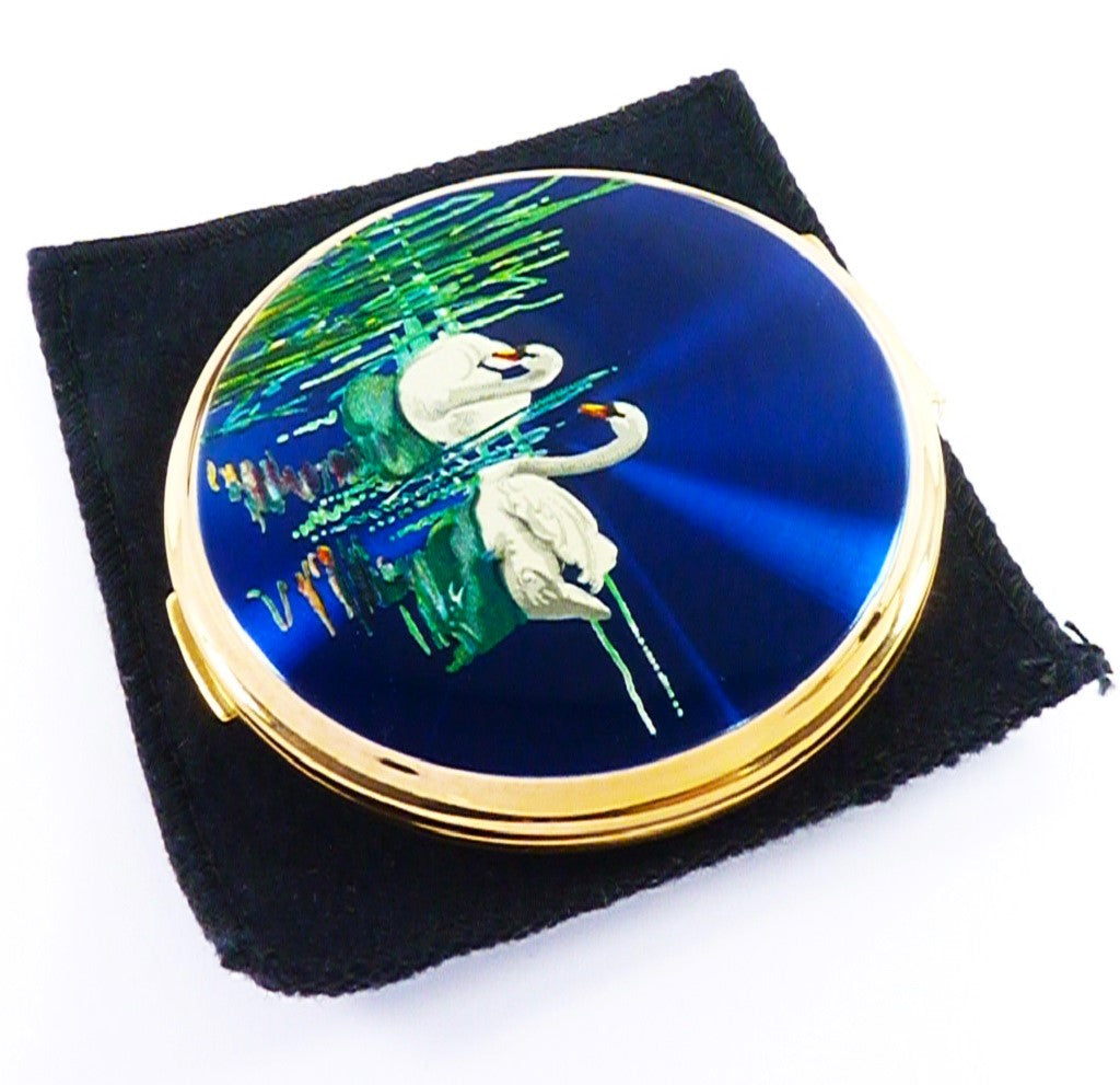 Blue Enamel White Swan Vintage Makeup Compact