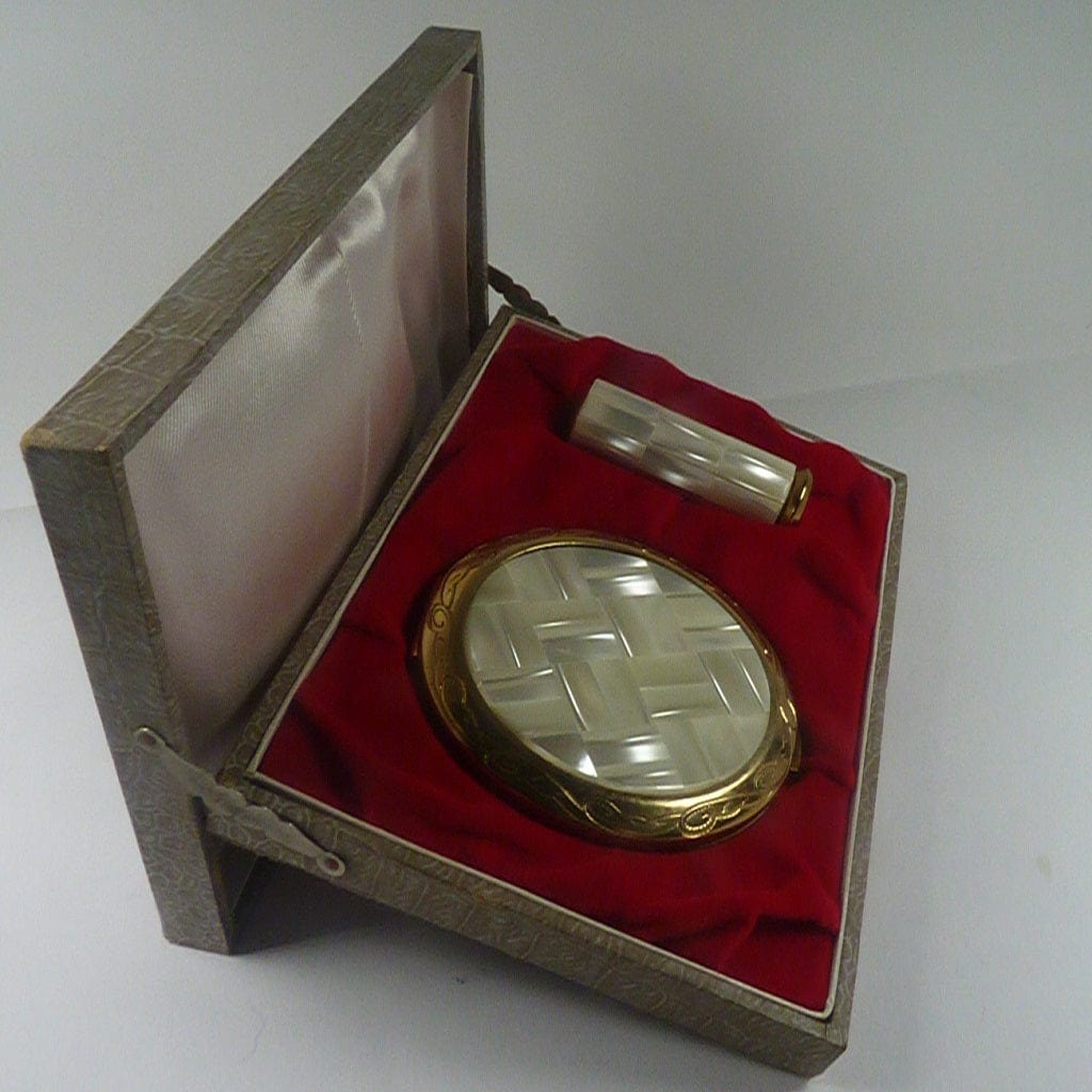 Ornate Mother Of Pearl Lipstick Makeup Mirror Compact Set