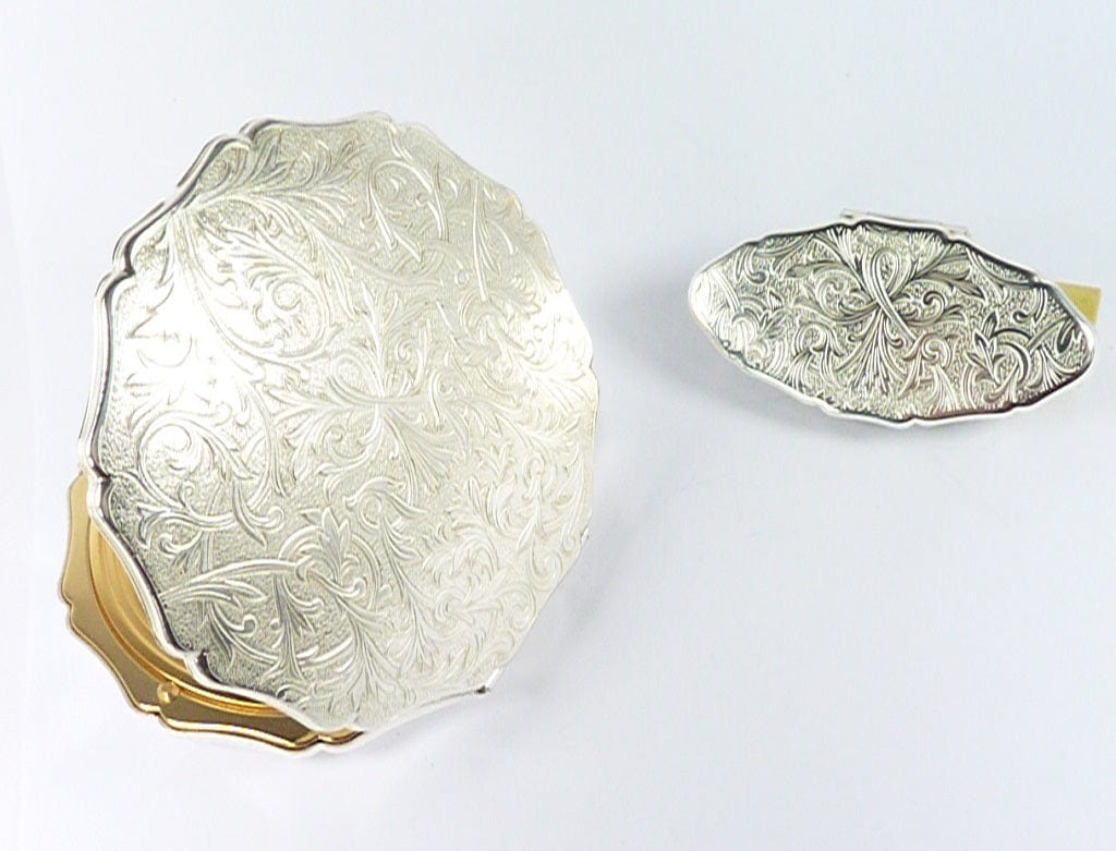 Ornately Engraved Silver Coloured Handbag Mirror Set