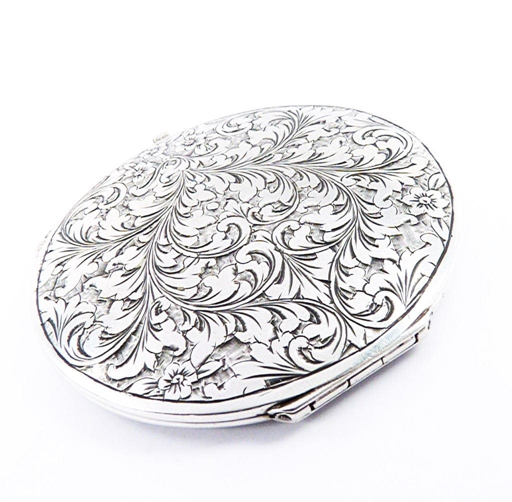 Ornately Engraved Solid Silver Handbag Mirror