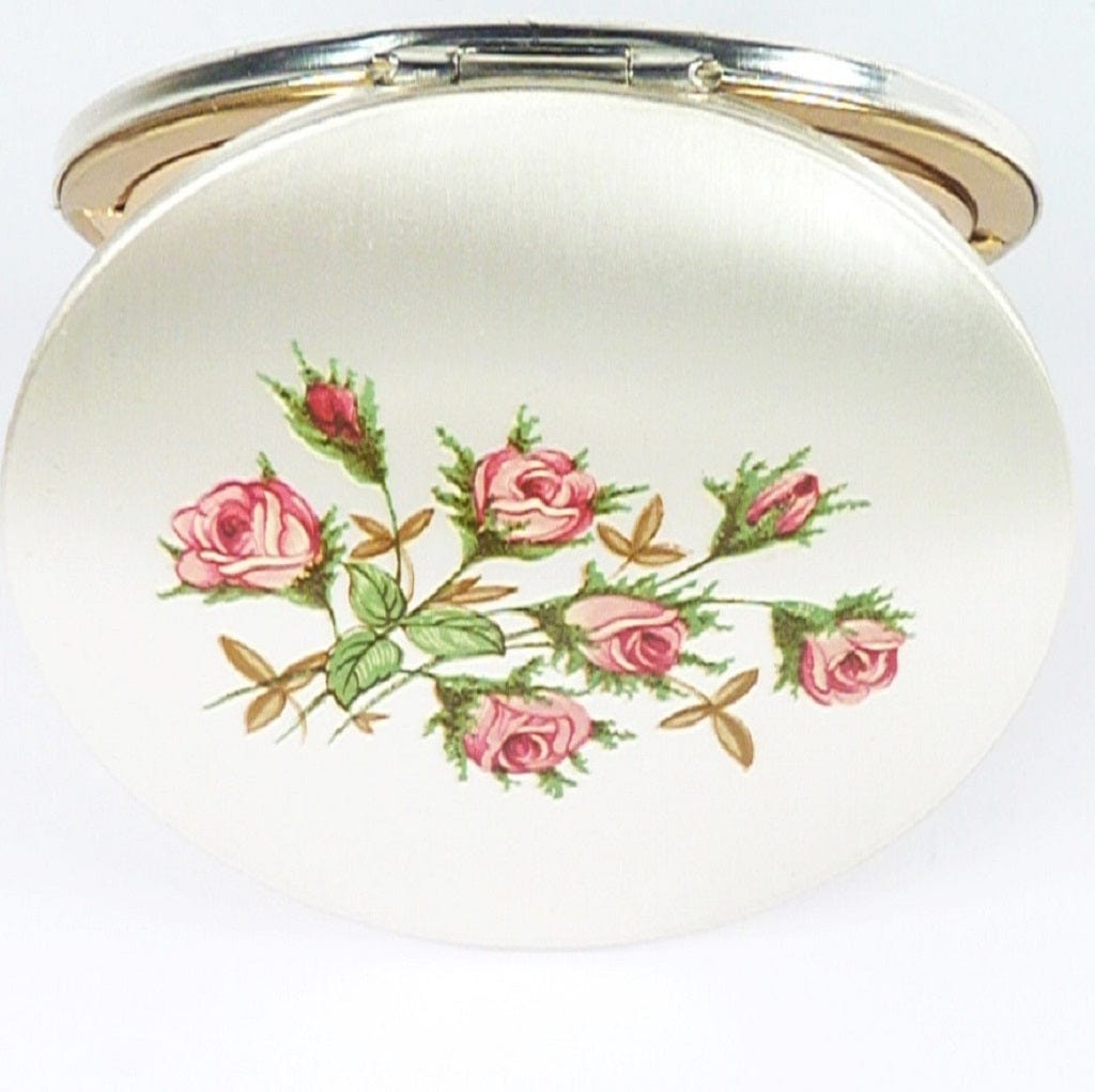 Pink Floral Silver Tone Stratton Powder Compact