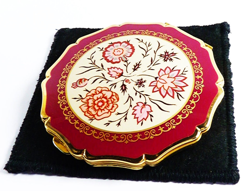 Pink Floral Stratton Compact Burgundy Enamel