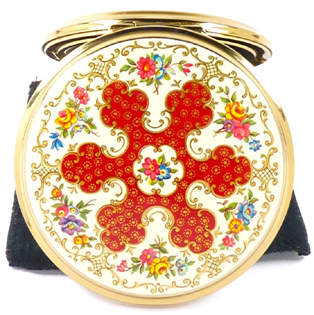 Red And Gold Floral Stratton Brand Mirror Compact