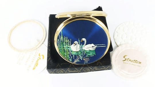 White Swans Blue Enamel Compact Mirror