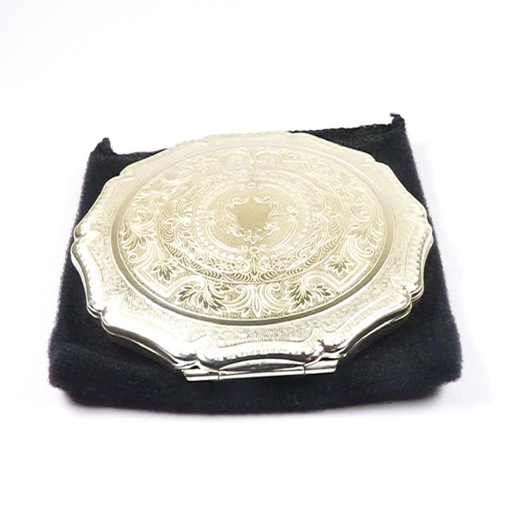 Unused Engraved Silver Vintage Compact Mirror