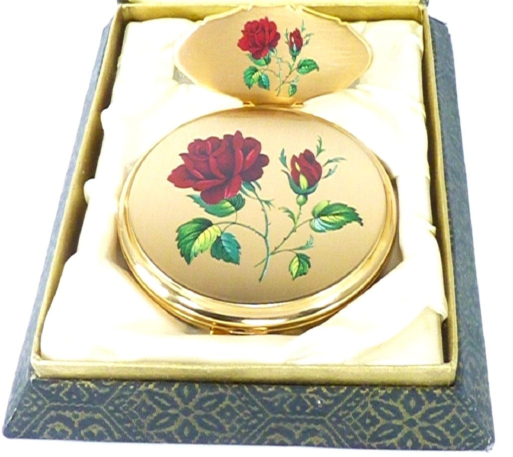 Vintage Golden Enamel And Red Rose Vanity Set