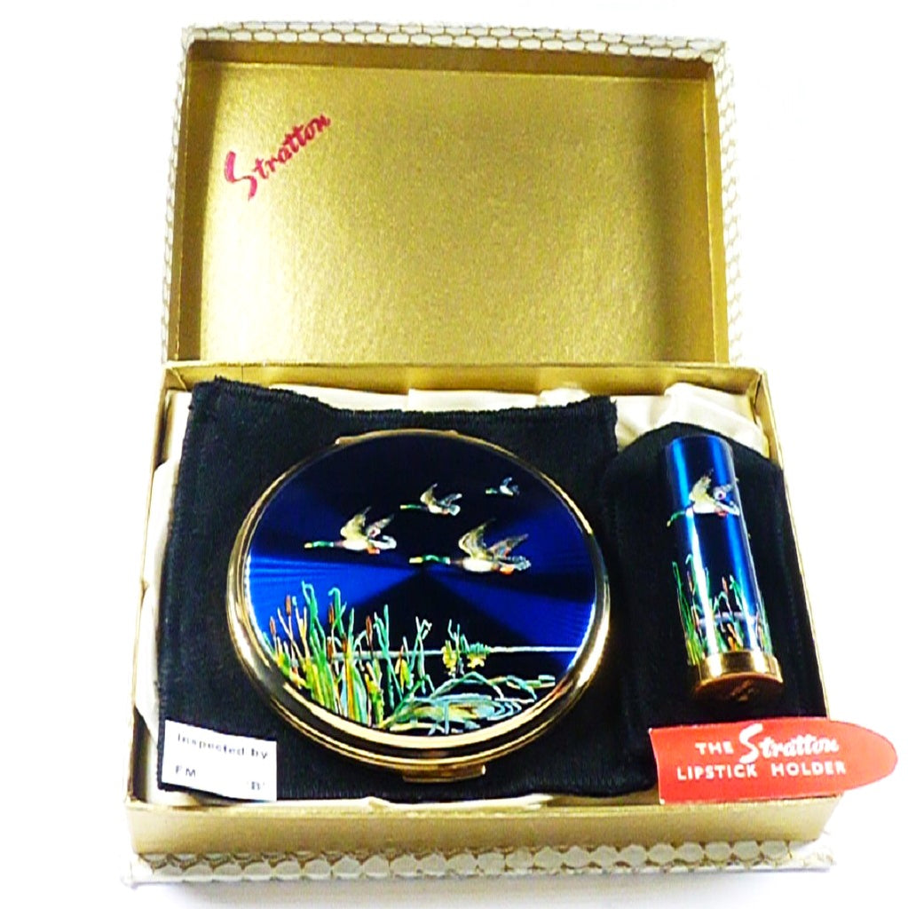 Unused Vintage Stratton Flying Ducks Compact Mirror Lipstick Set