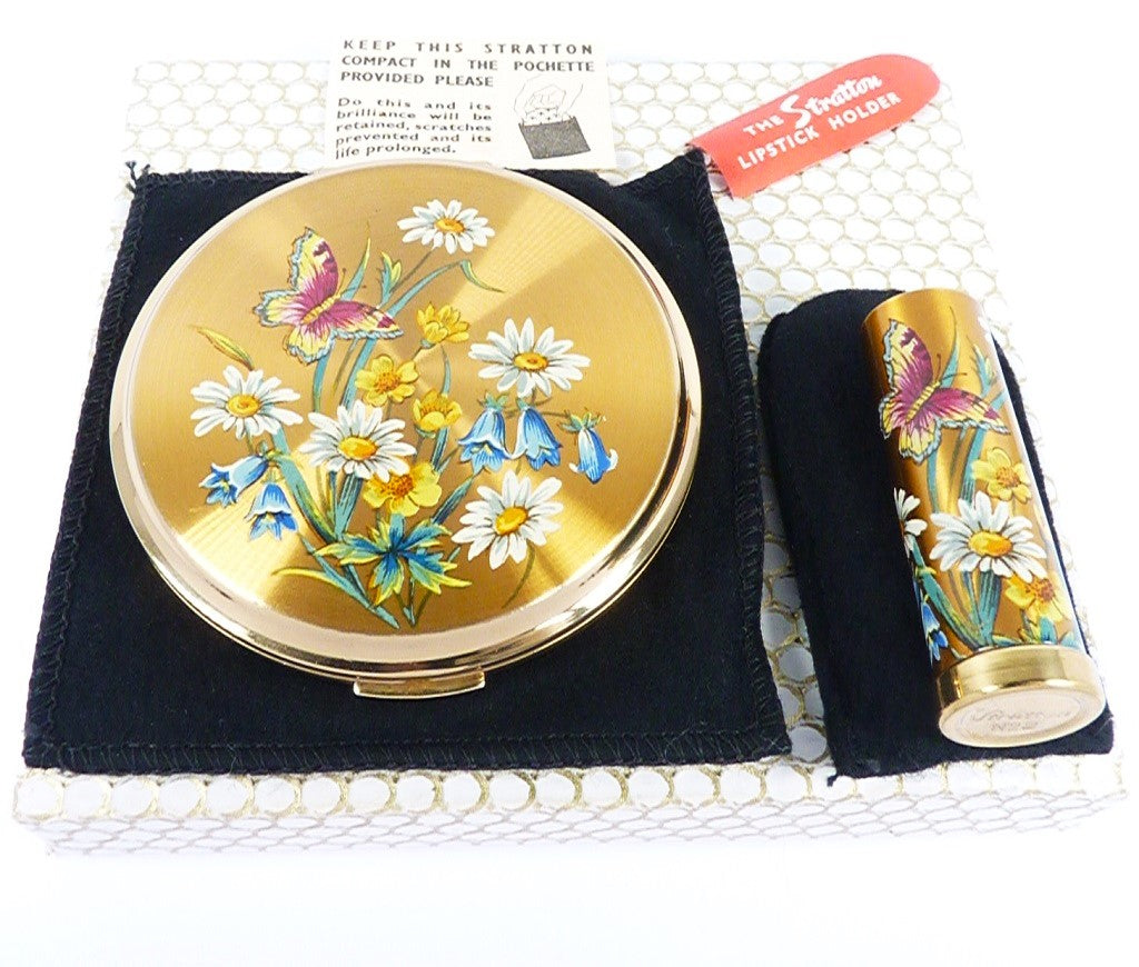 Vintage 1950s Unused Stratton Butterfly Compact Mirror Lipstick Setrfly