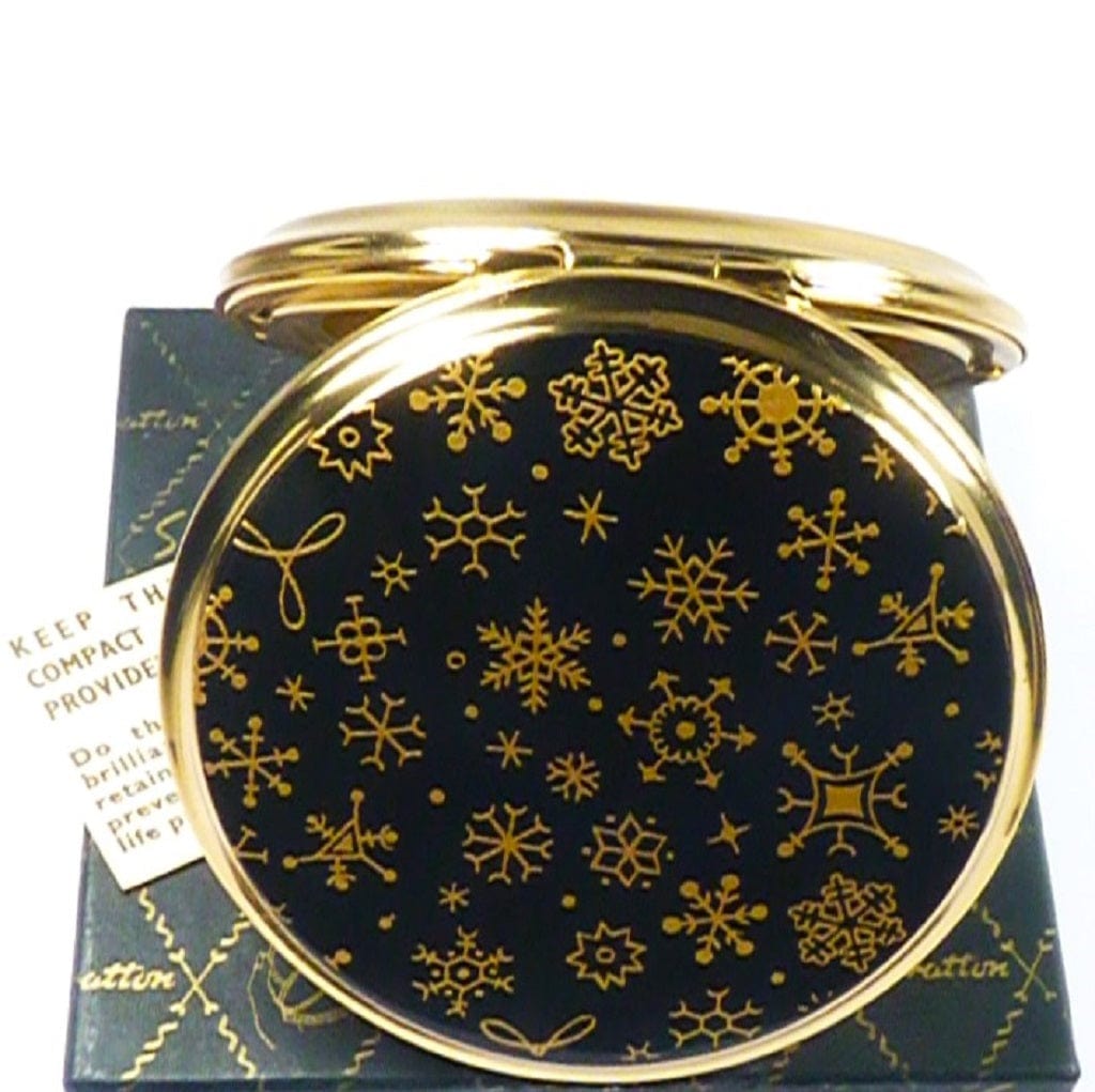 Vintage Black Enamel Gold Snowflake Powder Compact Rare