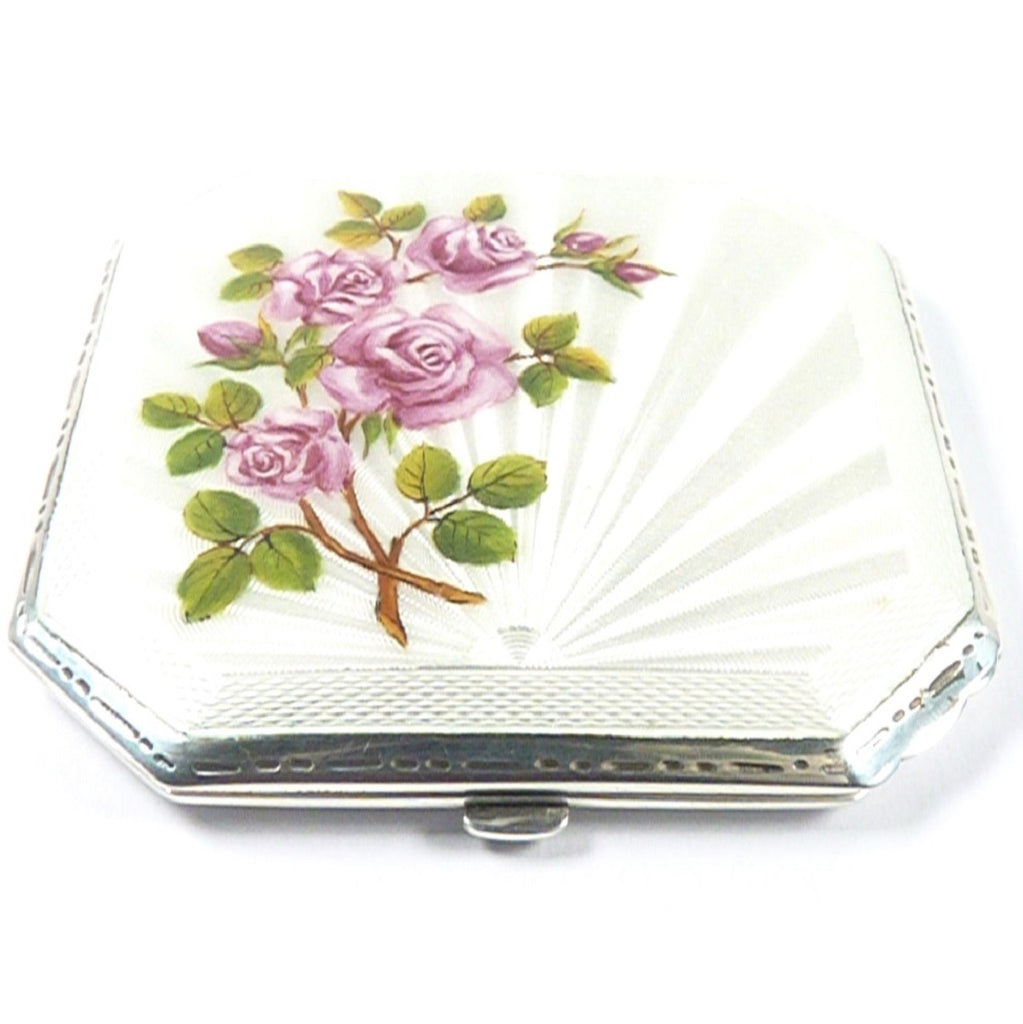 White Enamel Pink Roses Sterling Compact Mirror