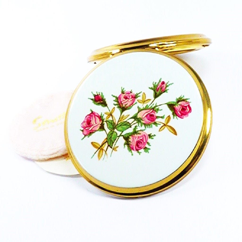 White Pink Rose Stratton Mirror Compact