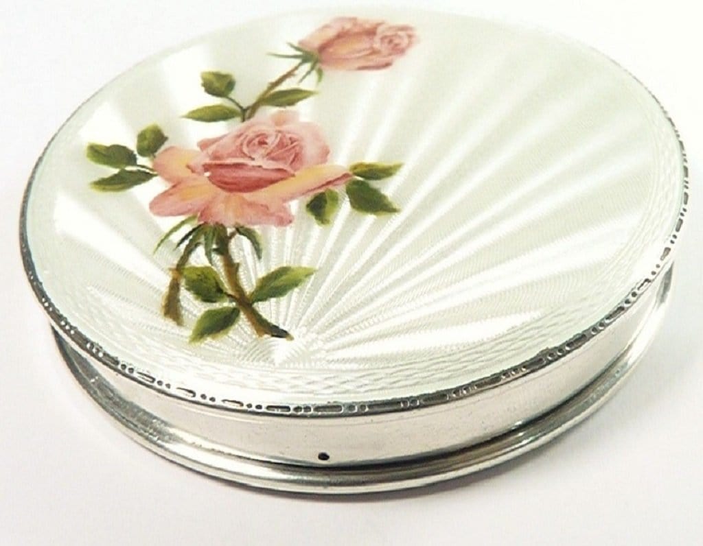1956 White Guilloche Enamel Pink Roses Makeup Compact