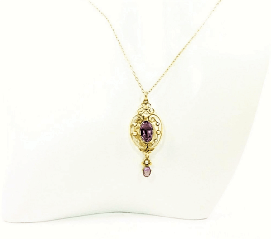 Antique Hallmarked Gold Peal Amethyst Pendant Necklace 1900s