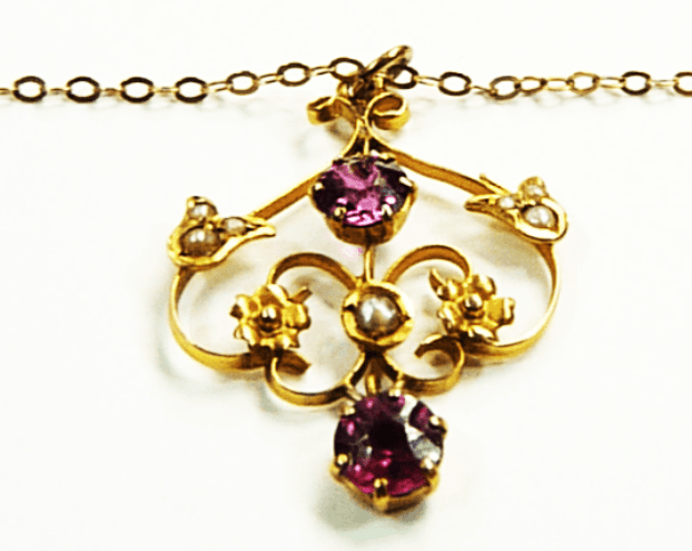 Antique Gold Pearl Garnet Necklace Hallmarked