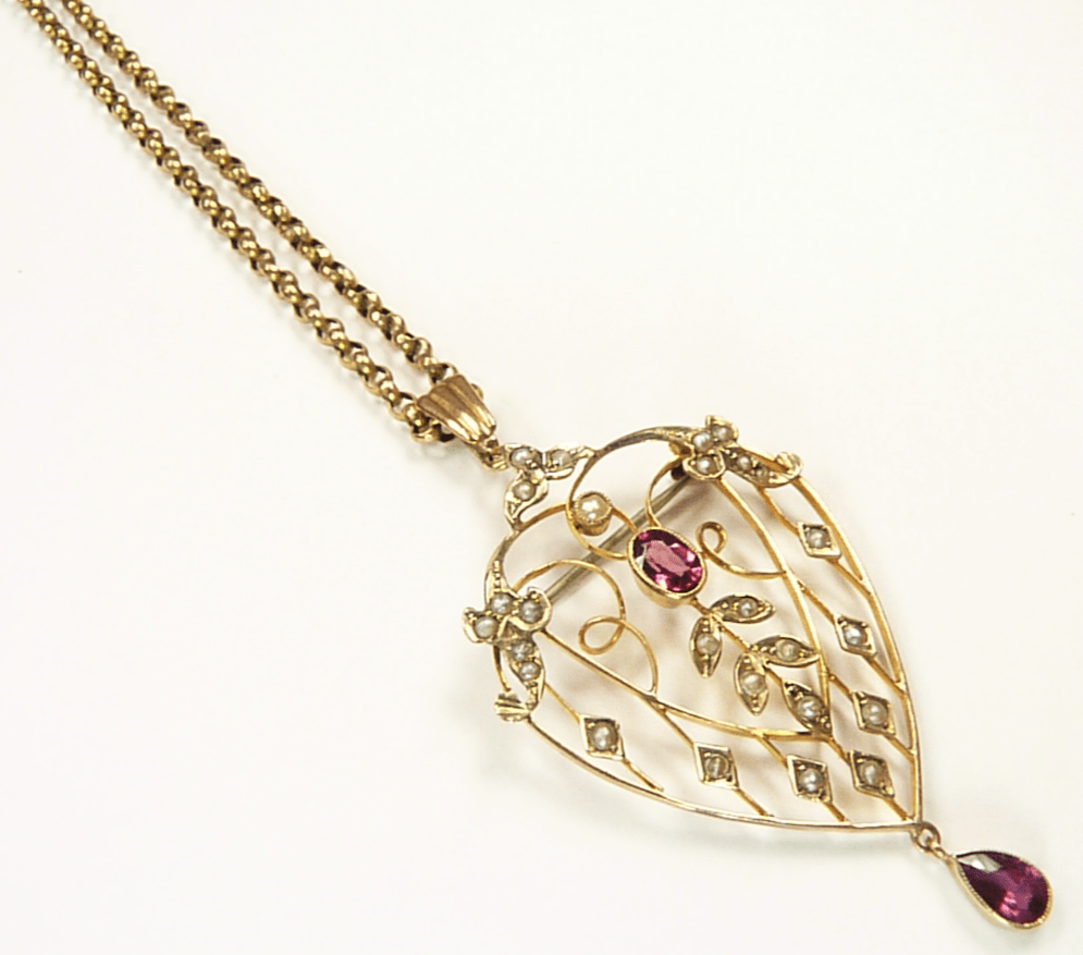 Antique Gold Seed Pearl And Tourmaline Pendant Necklace