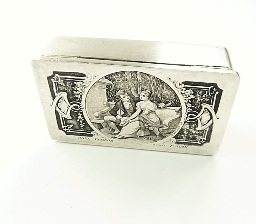 Antique Stamp Box With Engraved Romantic Scene