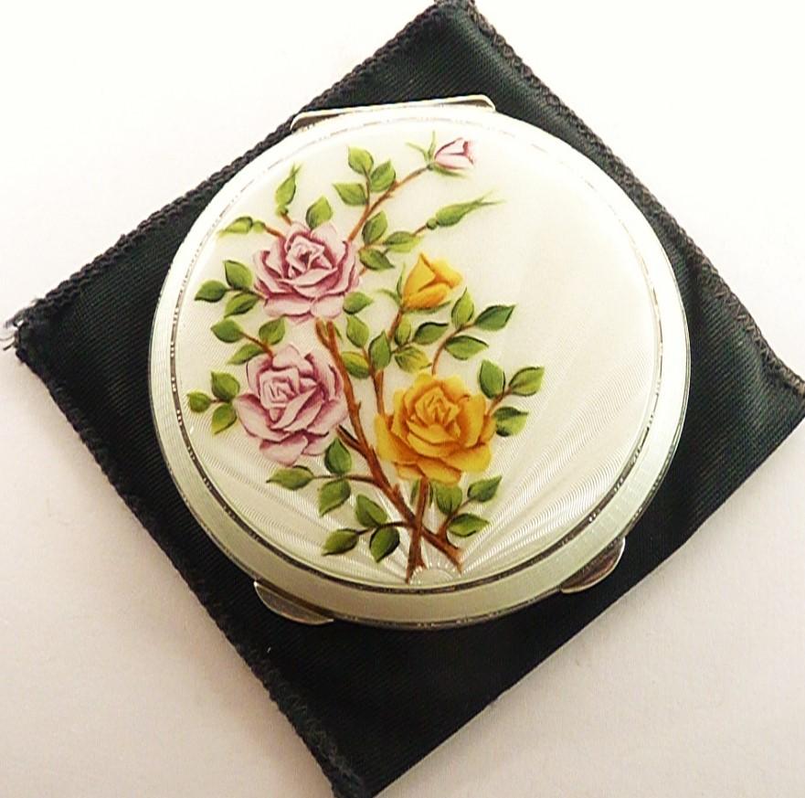 Antique Silver Powder Compact Gold Pink Roses