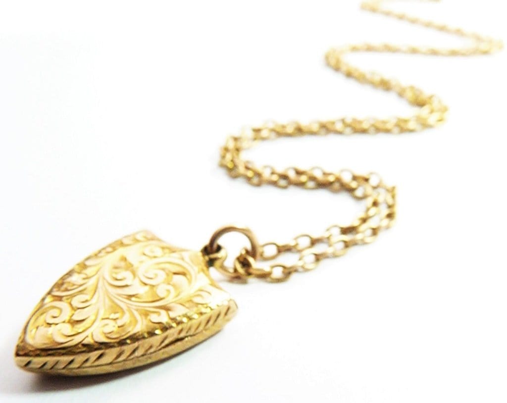 Antique Solid Gold Shield Locket And Chain