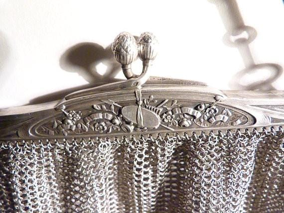 Antique sterling silver mesh purse large Alfred Lecorazet mesh bag bridal clutch antique silver gifts for her - The Vintage Compact Shop