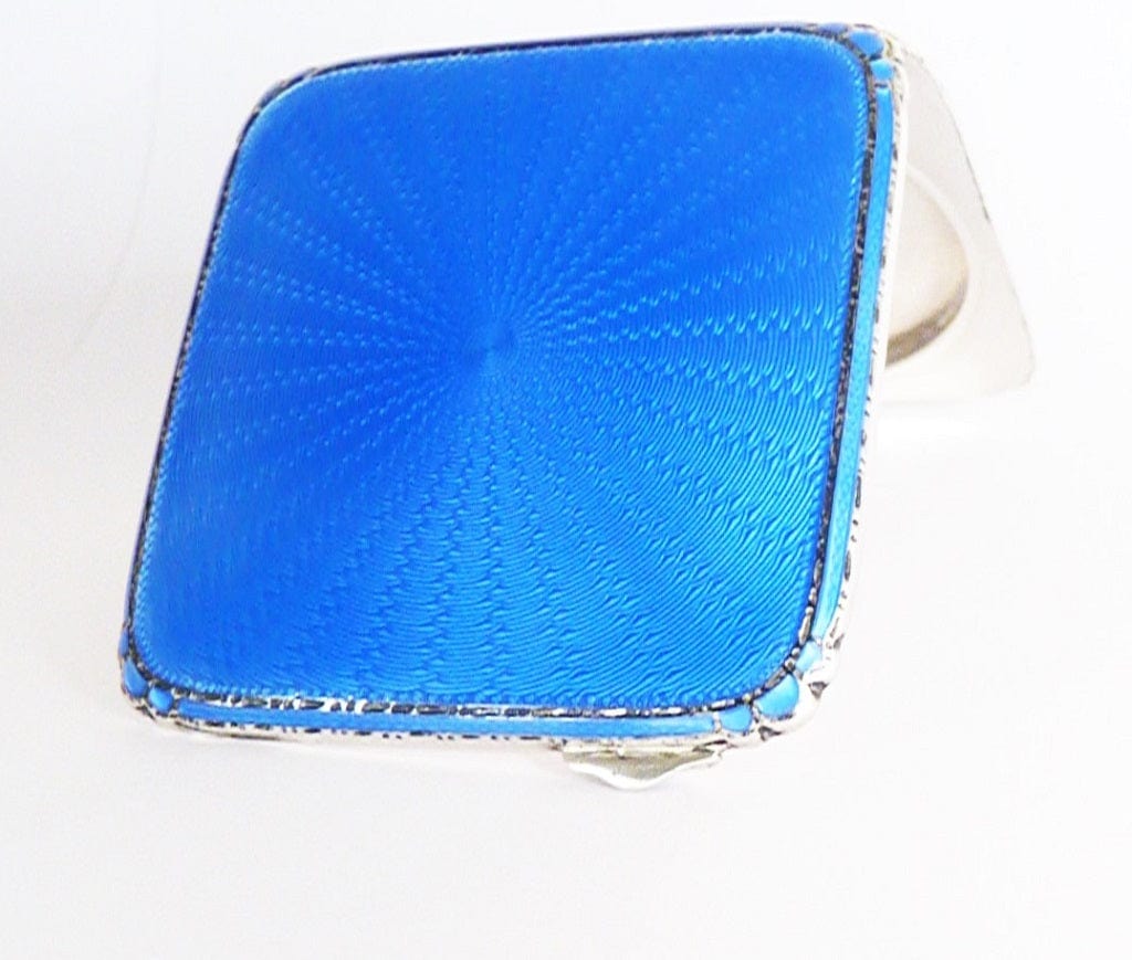 Azure Blue Guilloche Enamel Sterling Silver Compact Mirror
