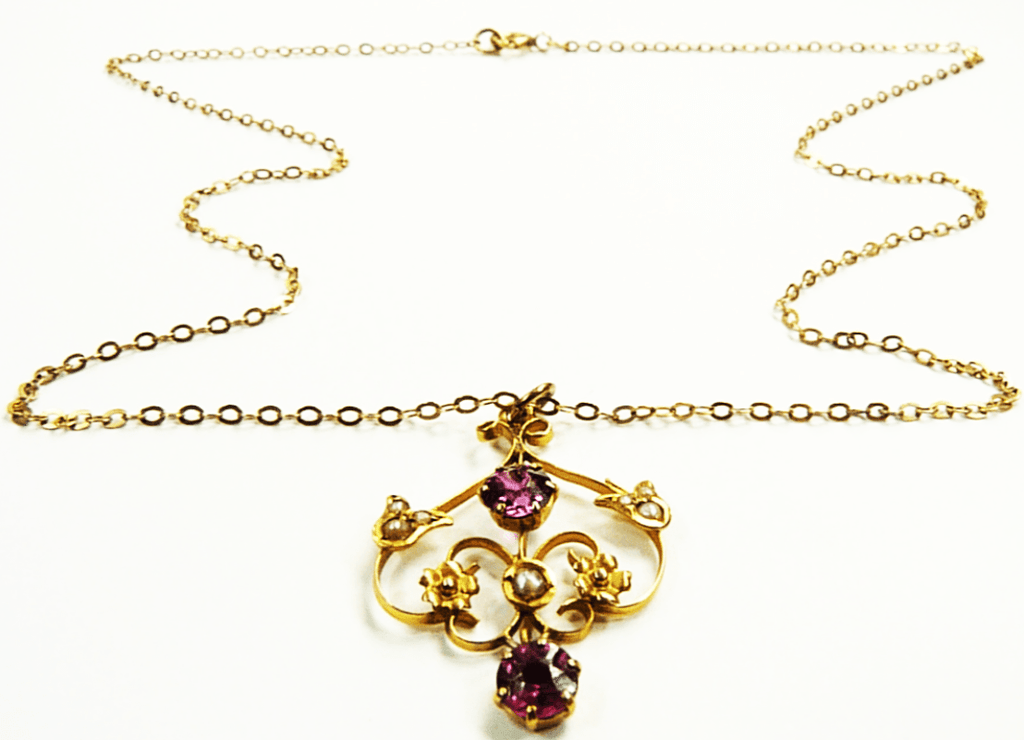 Edwardian Hallmarked Gold Pearl Garnet Necklace