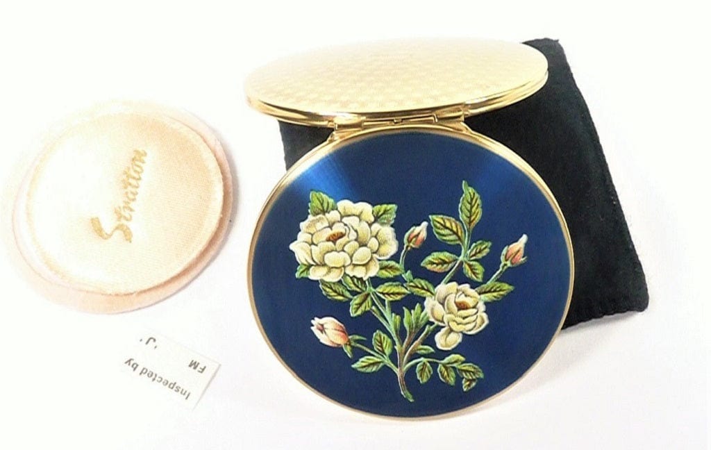 Blue Enamel Compact Mirror With White Roses