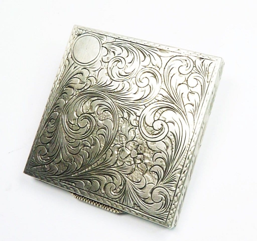 Bright Cut Engraved Silver Compact Mirror