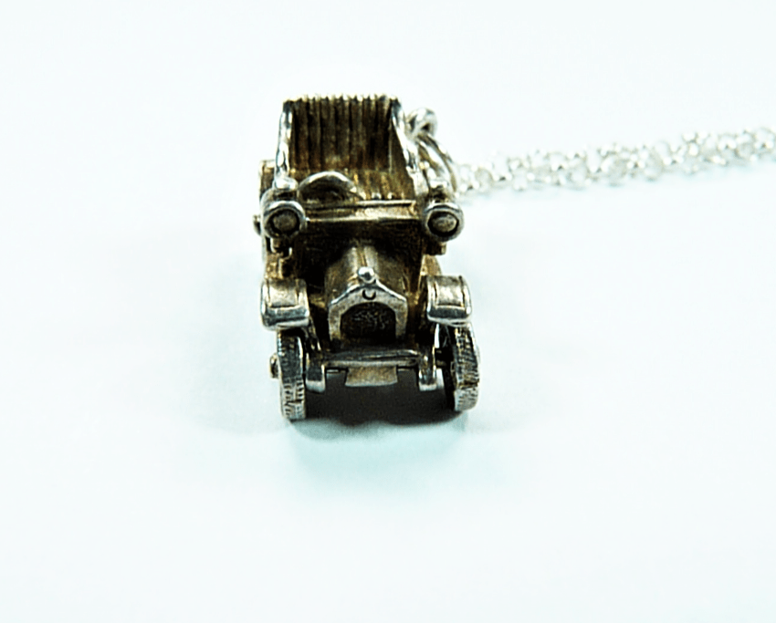 Detailed Silver Antique Car Pendant With Necklace