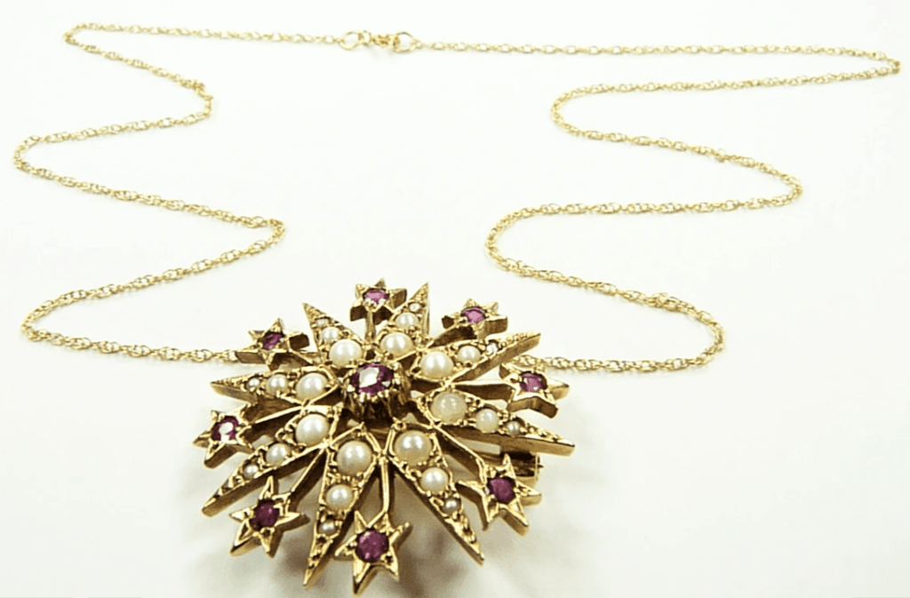 Gold Seed Pearl And Garnet Pendant Necklace