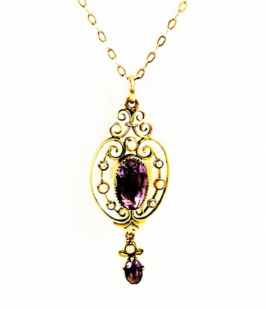 Hallmarked Gold Seed Pearl Amethyst Necklace
