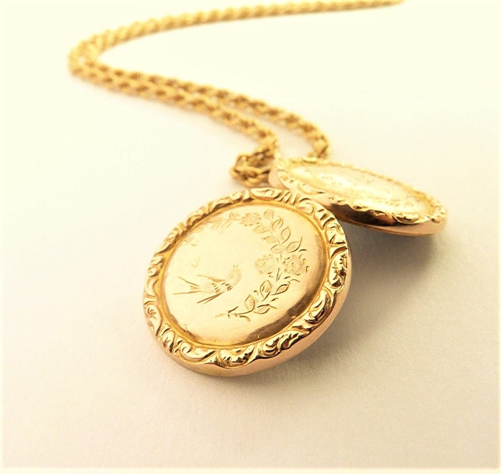 Ornate Swallow Solid Gold Locket Necklace
