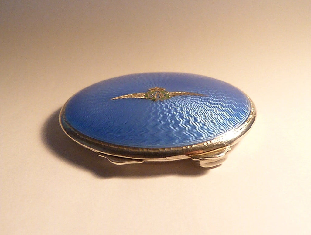 Antique guilloche compacts solid silver RAF blue enamel fully hallmarked powder compacts 1938 - The Vintage Compact Shop