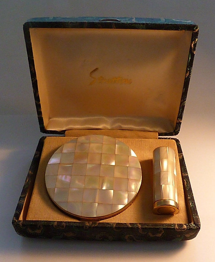 Vintage pearl wedding gifts for her mother of pearl Stratton set 1970s - The Vintage Compact Shop