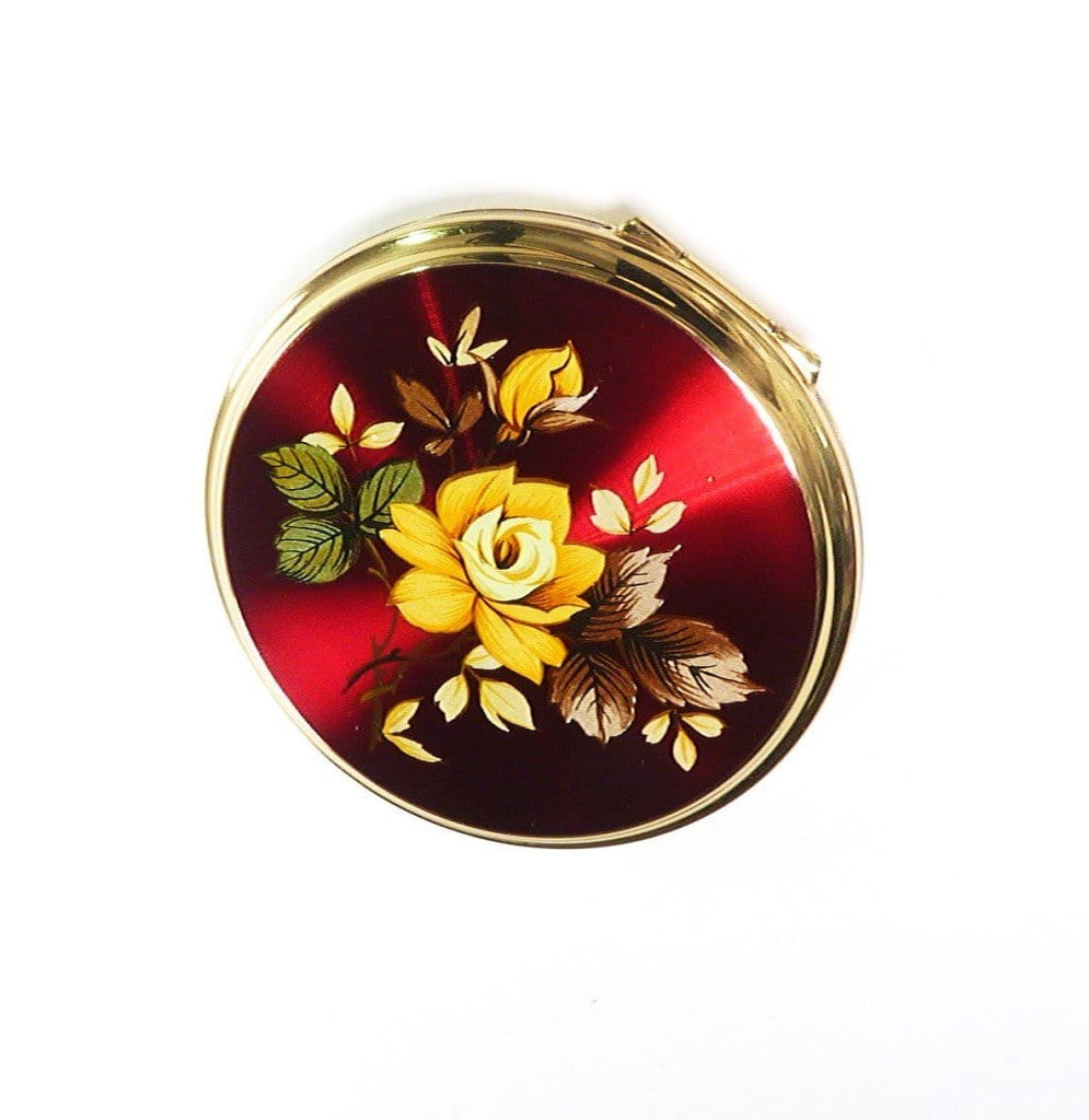 Makeup Compact With Red Enamel Yellow Roses