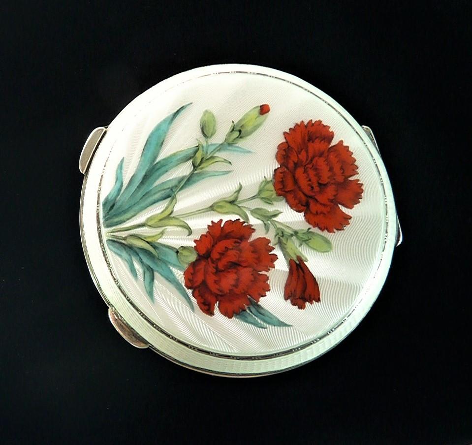 Red Carnation Enamel And Sterling Compact Mirror