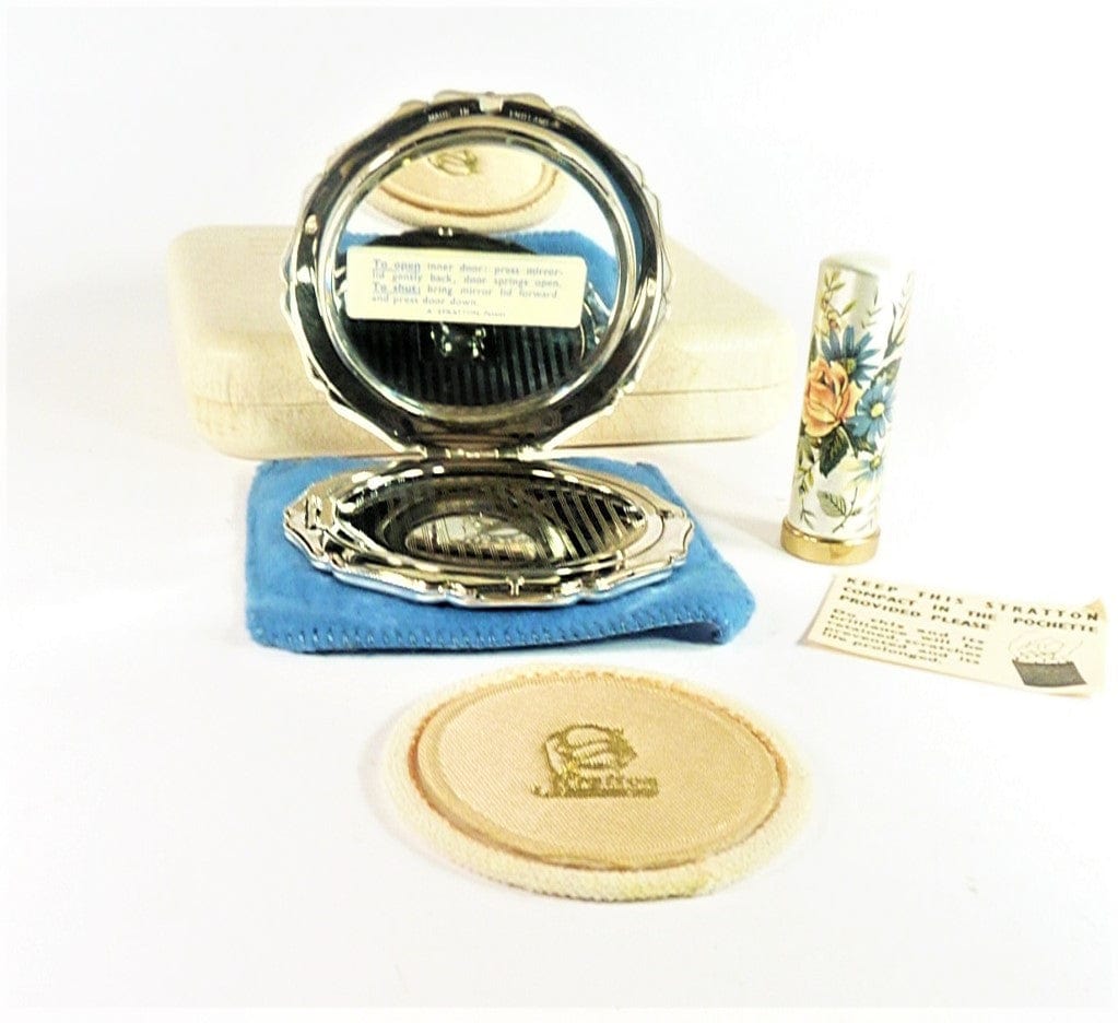 Silver Plated Stratton Compact Mirror With Vintage Lipstick