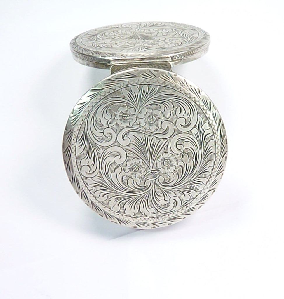 Solid Silver Compact Mirror Bright-Cut Engraving