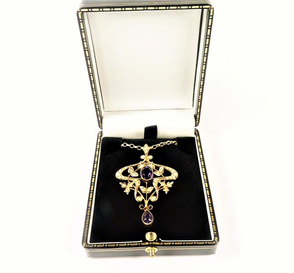 Spectacular Amethyst Hallmarked Gold Seed Pearl Necklace
